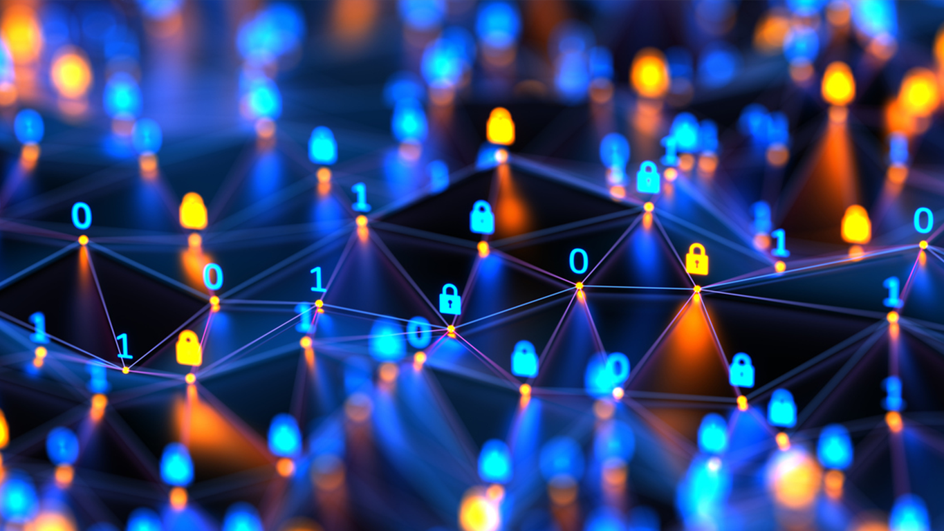 A network of interconnected blue lights and numbers, illustrating a digital or technological concept.